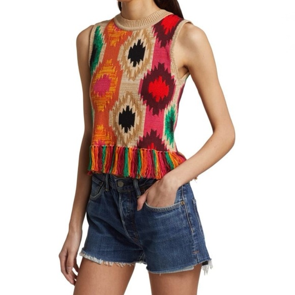 Alice + Olivia Multicolor Patterned Reva Print Fringe Peplum Tank Top Large - Picture 3 of 9